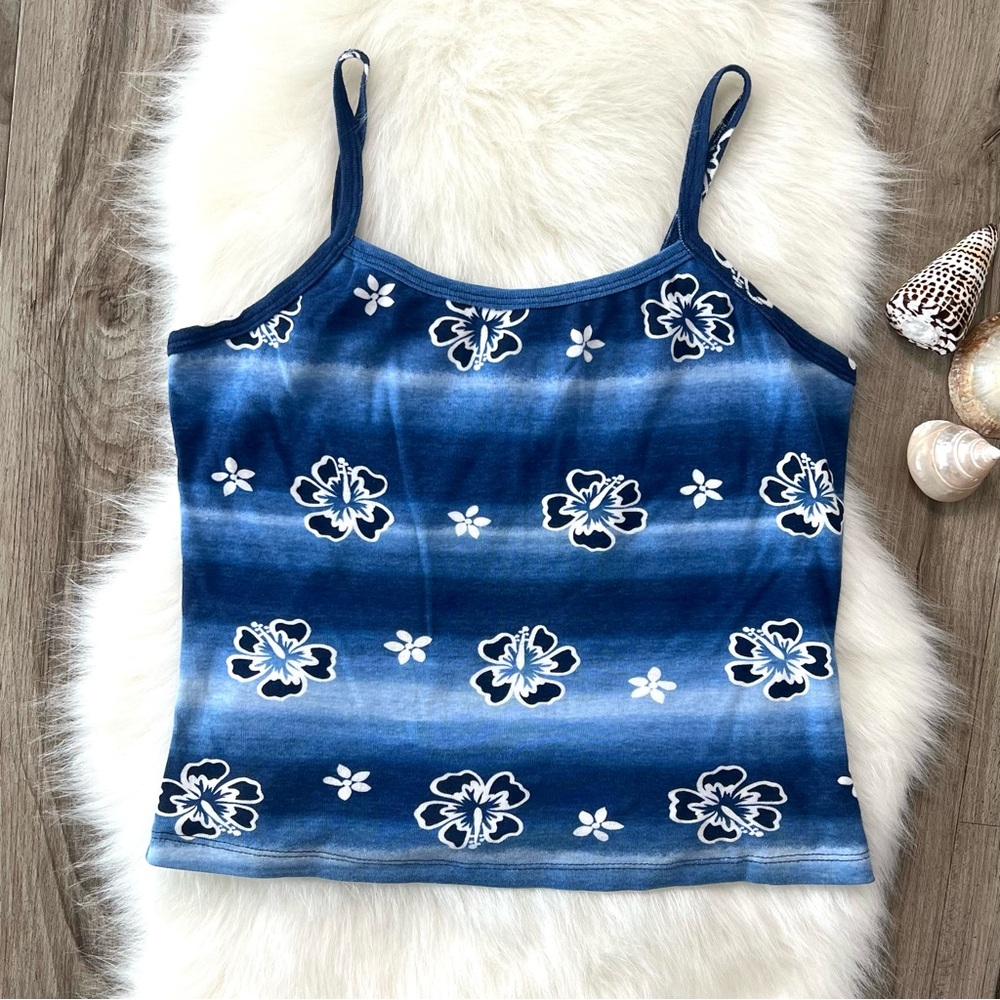 Vintage 90s Y2K blue Hawaiian floral print tank top 100% cotton small medium